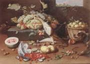 Jan Van Kessel the Younger Still life of a watermelon,pears,grapes and melons,plums,apricots and pears in a basket,with a dog surprising a monkey and fraises-de-bois spilling ou China oil painting reproduction